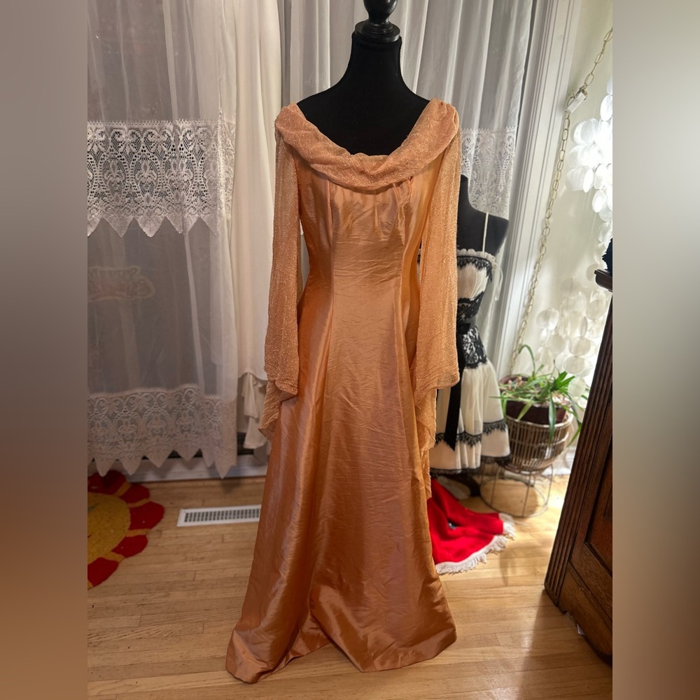 Vintage orange Shimmer Goddess Gown Draped Sleeves Maxi Dress